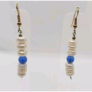 Vintage handmade Genuine Pearl Earrings Long Dangle Freshwater & Blue Glass
